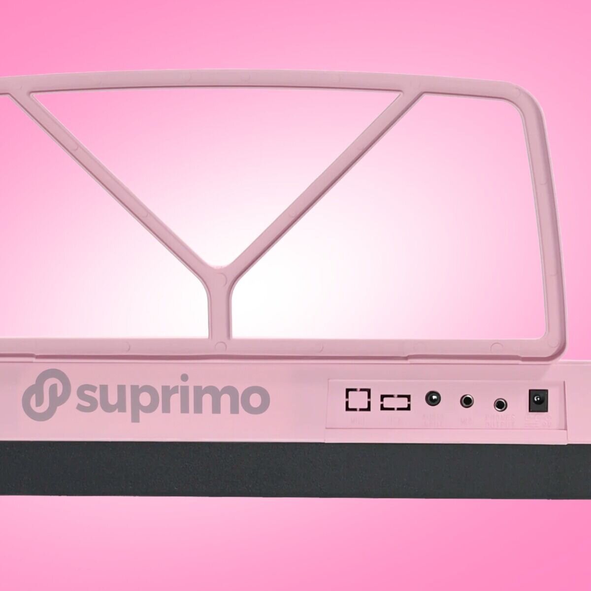 Różowy panel z logo \'suprimo\' oraz kilkoma portami i symbolami na tle w tym samym kolorze.