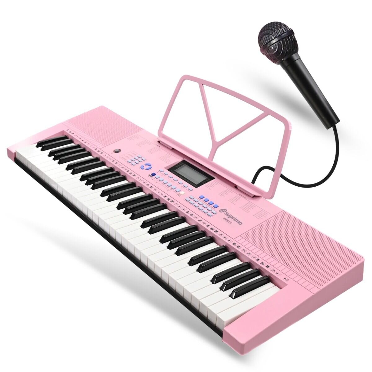 Różowy elektroniczny keyboard z czarno-białymi klawiszami i stojakiem na nuty, obok znajduje się czarny mikrofon. Na keyboardzie widoczne jest logo \'suprimo\'.