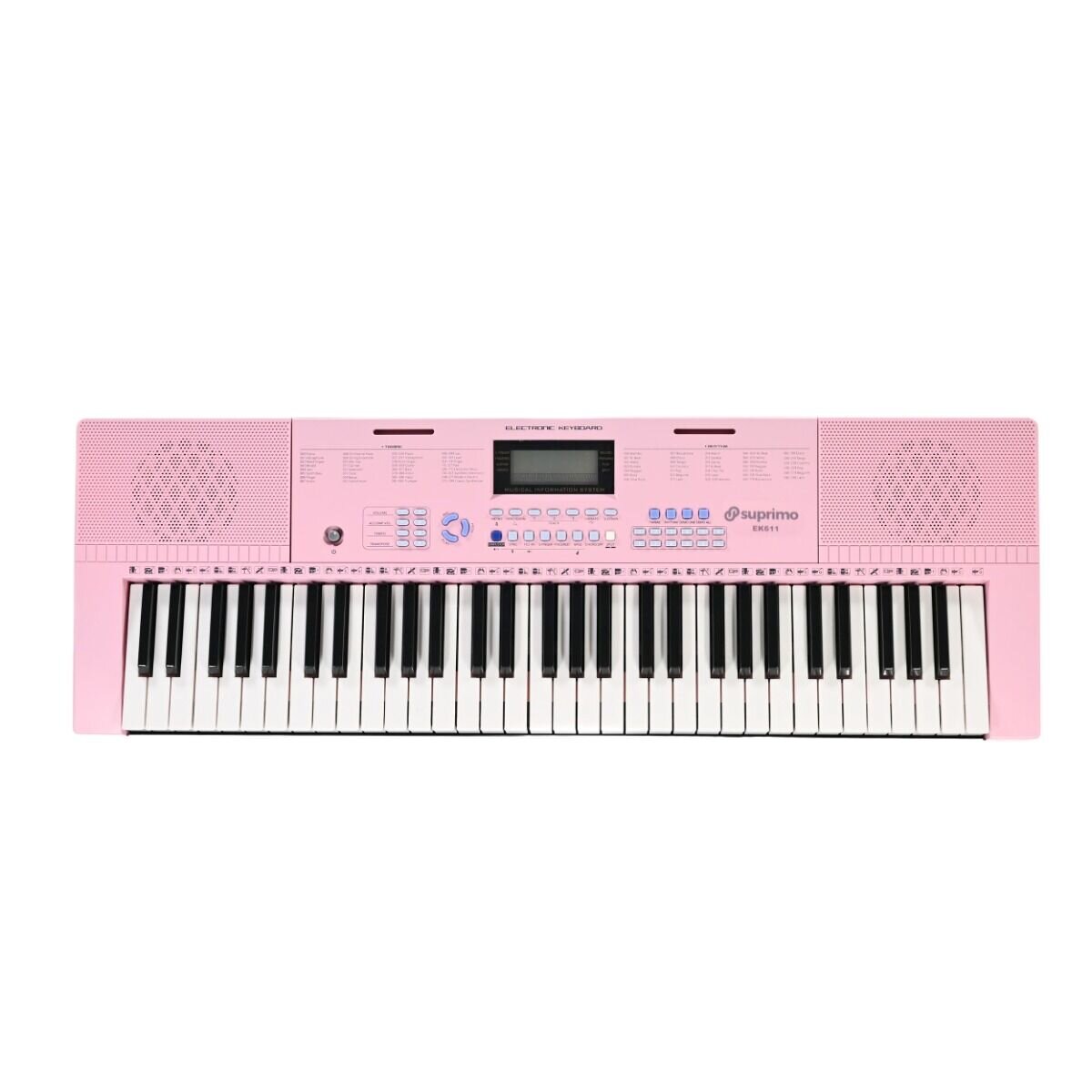 Różowy keyboard z białymi i czarnymi klawiszami, posiadający wyświetlacz oraz przyciski funkcyjne. Widoczne logo \'suprimo\' oraz napis \'ELECTRIC KEYBOARD\'.