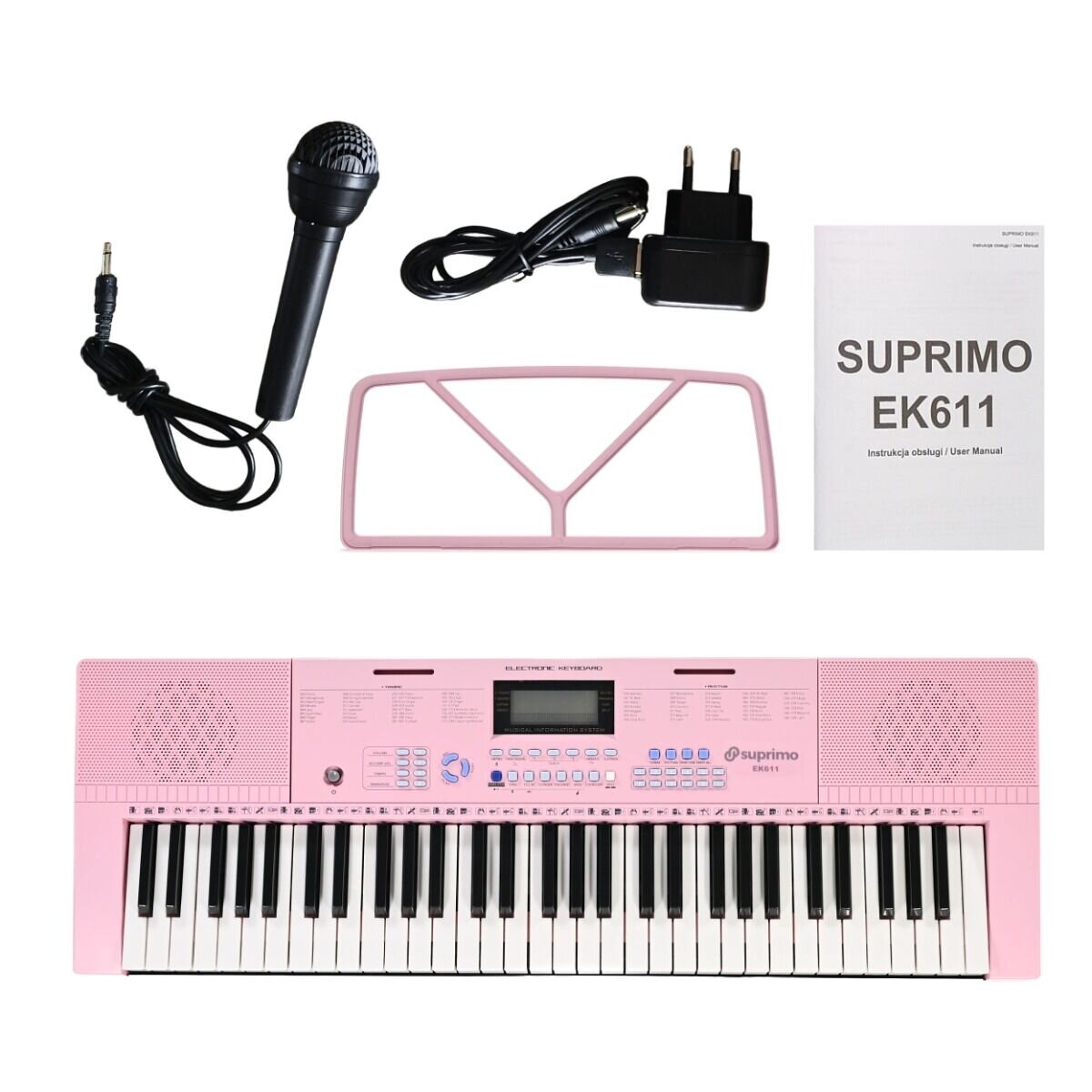 Na obrazie znajduje się różowy keyboard z mikrofonem, zasilaczem, stojakiem na nuty i instrukcją obsługi \'SUPRIMO EK611\'. Keyboard posiada czarno-białe klawisze oraz panel z przyciskami i wyświetlaczem.