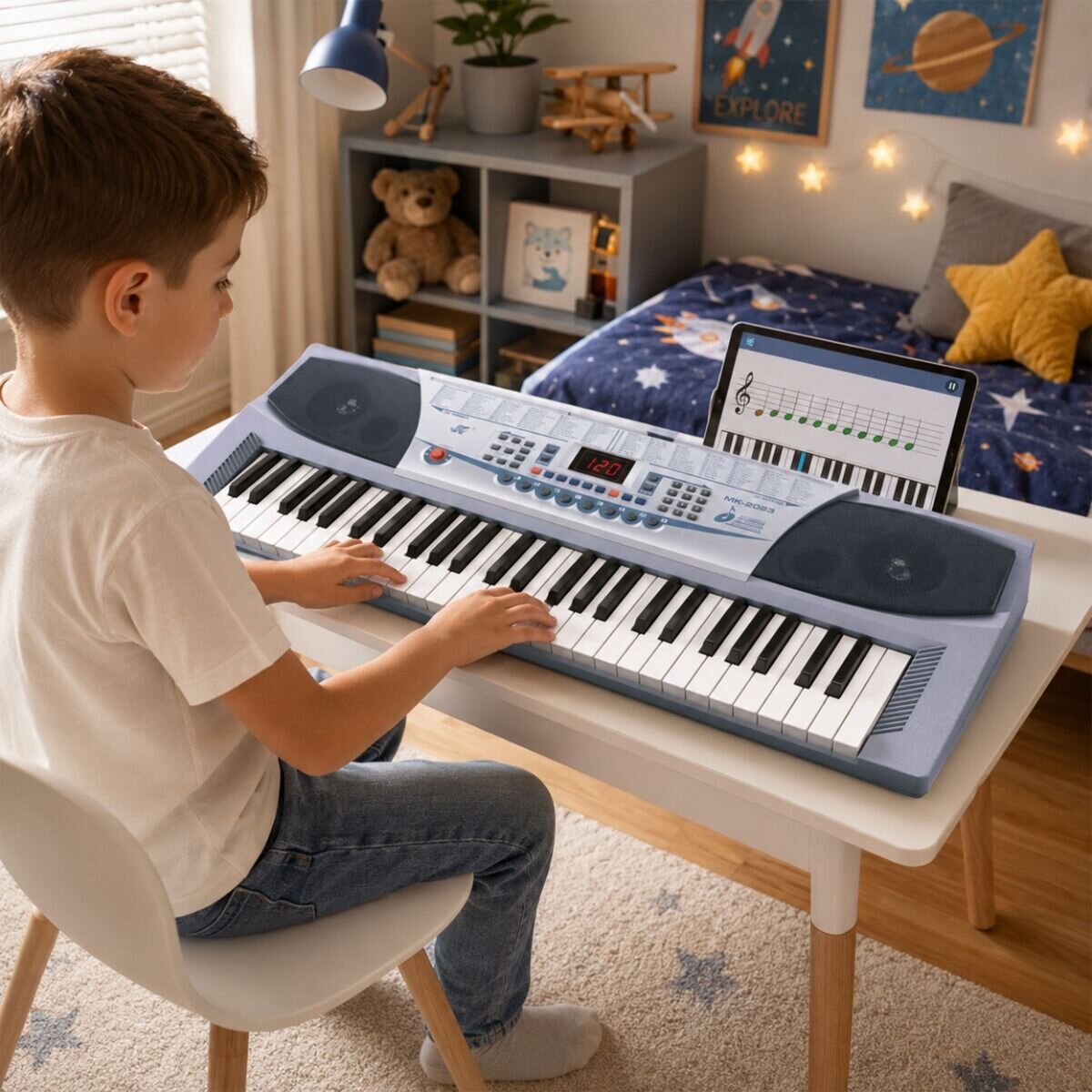 Dziecko gra na elektronicznym keyboardzie z 54 klawiszami, który stoi na białym stole w pokoju dziecięcym. Na keyboardzie znajduje się wyświetlacz z czerwonymi cyframi oraz tablet z nutami.