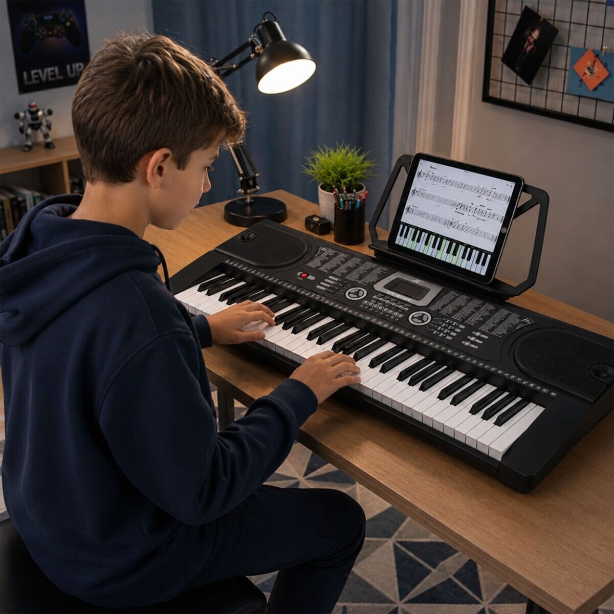 Osoba gra na keyboardzie z 61 klawiszami, na którym znajduje się pulpit do nut z tabletem wyświetlającym nuty. Na biurku stoi lampa, a w tle widać plakat z napisem \'LEVEL UP\'.