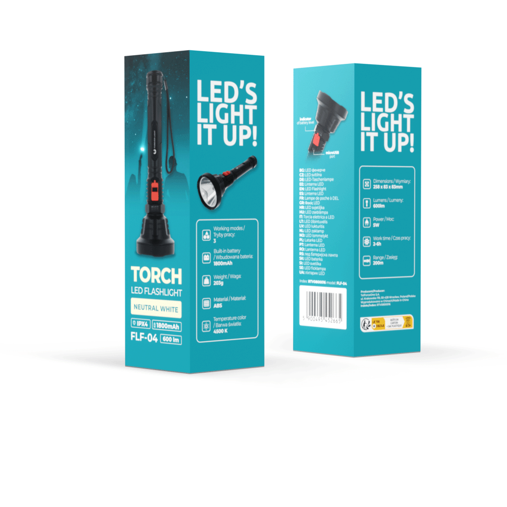 Opakowanie latarki ręcznej LED z napisem \'LED\'S LIGHT IT UP!\' oraz specyfikacją techniczną, w tym 1800mAh i 600lm. Widoczny jest również kod kreskowy i informacje o materiale oraz kolorze światła.