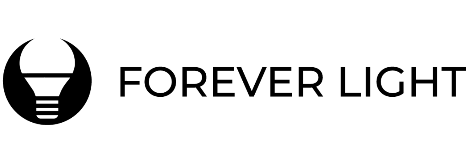 Logo przedstawia stylizowaną żarówkę z napisem \'FOREVER LIGHT\'.