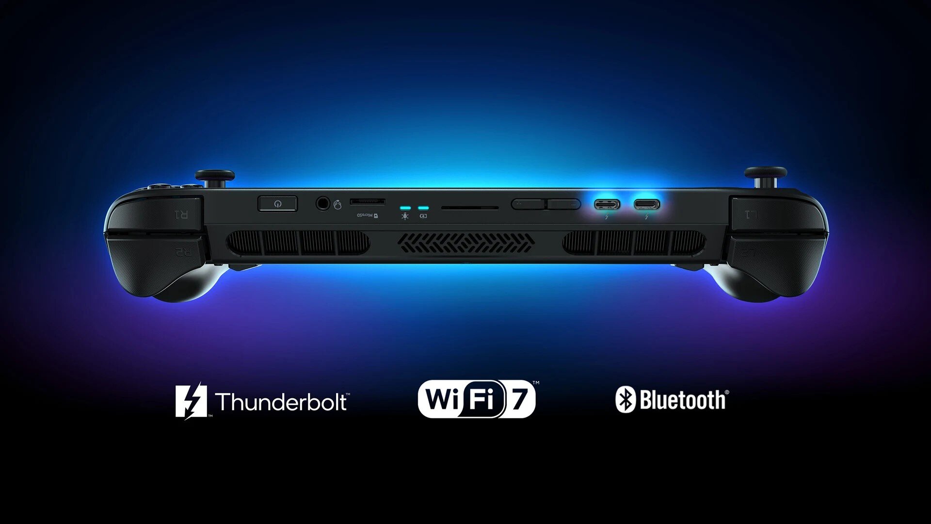Obraz przedstawia konsolę z widocznymi portami i przyciskami na tle niebieskiego światła. Na dole znajdują się logotypy: Thunderbolt, WiFi 7, Bluetooth.