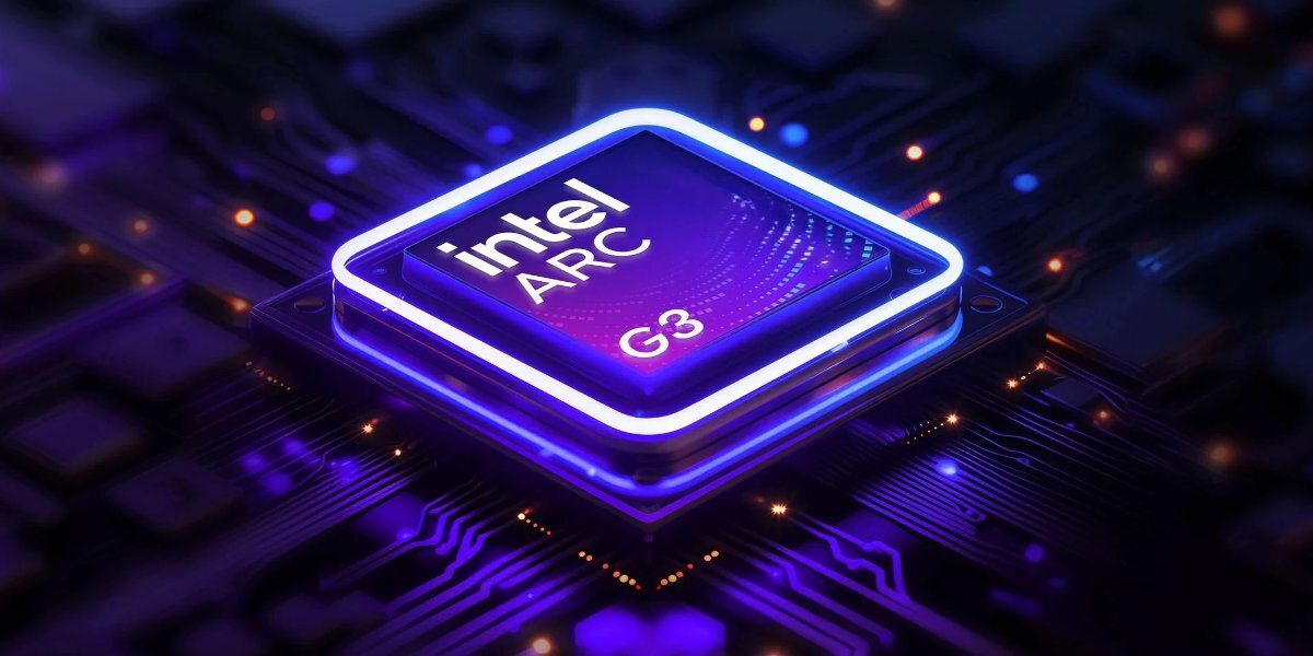 Obraz przedstawia podświetlony układ scalony z napisem \'intel ARC G3\' na tle płyty głównej w odcieniach fioletu i czerni.