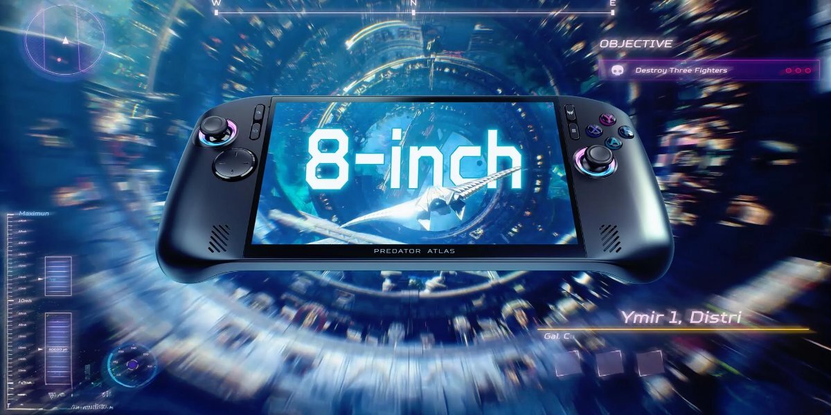 Obraz przedstawia konsolę z napisem \'8-inch\' na ekranie, z widocznymi przyciskami i joystickami po bokach. W tle znajduje się dynamiczna, futurystyczna grafika z elementami interfejsu użytkownika.