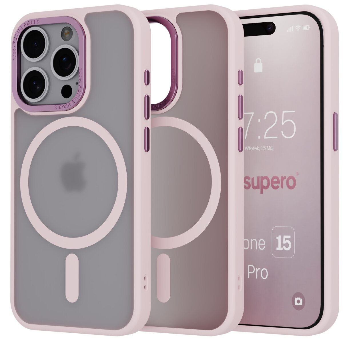 Na obrazie widoczne jest matowe, ochronne etui do iPhone 15 Pro w kolorze różowym, z magnetycznym pierścieniem do MagSafe. Obok etui znajduje się telefon z wyświetlaczem pokazującym godzinę 7:25 i datę Wtorek, 15 Maj oraz tekst \'supero\'.