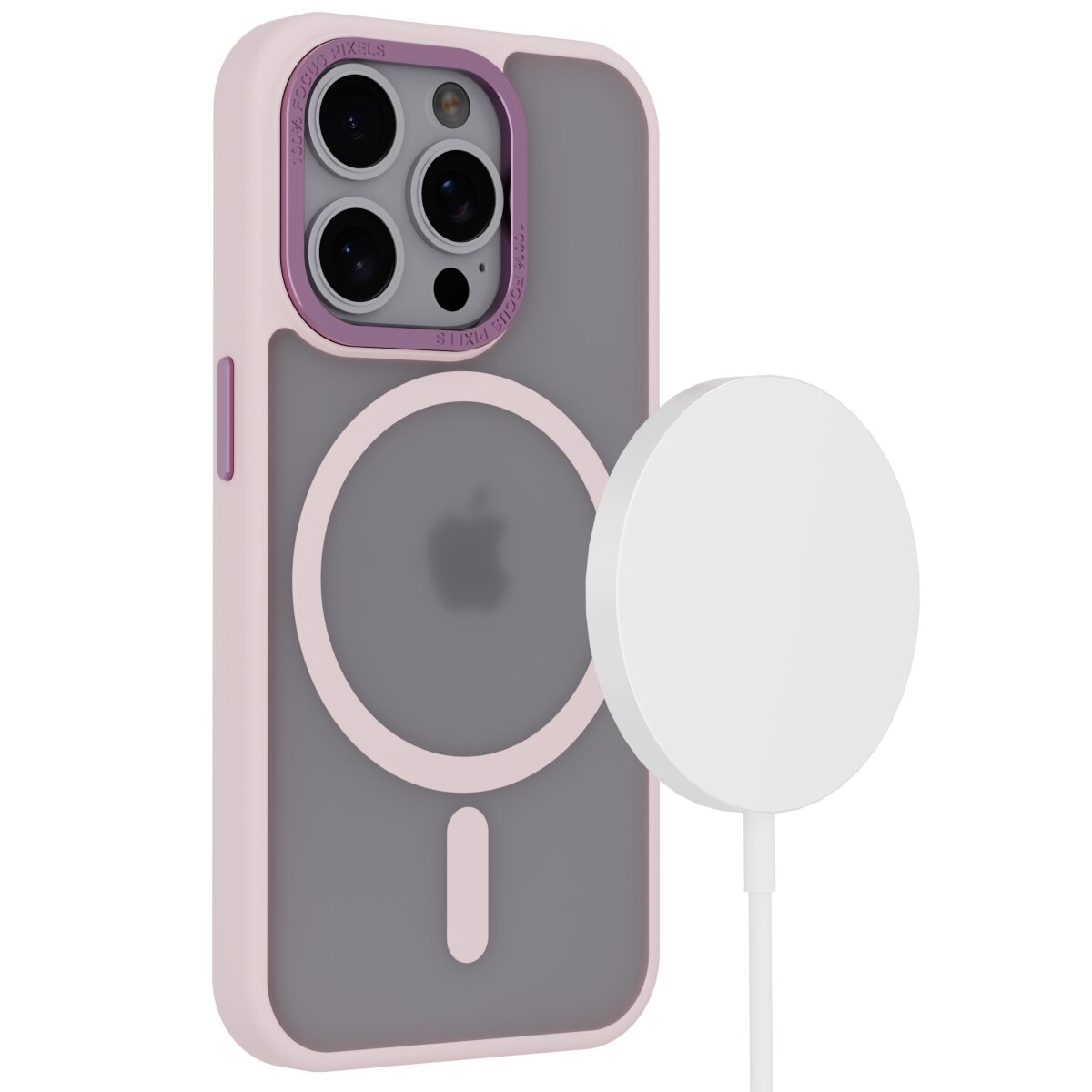 Etui ochronne na telefon z matowym wykończeniem, przeznaczone do iPhone 15 Pro, z widocznym okrągłym wzorem magnetycznym do MagSafe. Obok etui znajduje się biały, okrągły element przypominający ładowarkę bezprzewodową.