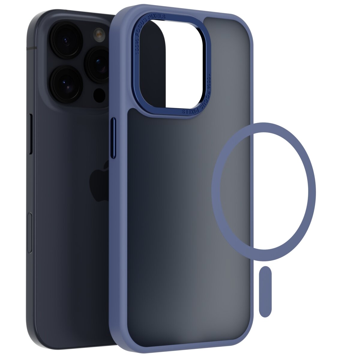 Na obrazie widoczne jest matowe, ochronne etui na telefon w kolorze niebieskim, z wycięciem na aparat i okrągłym symbolem wskazującym na kompatybilność z MagSafe. Obok etui znajduje się telefon z trzema obiektywami aparatu.