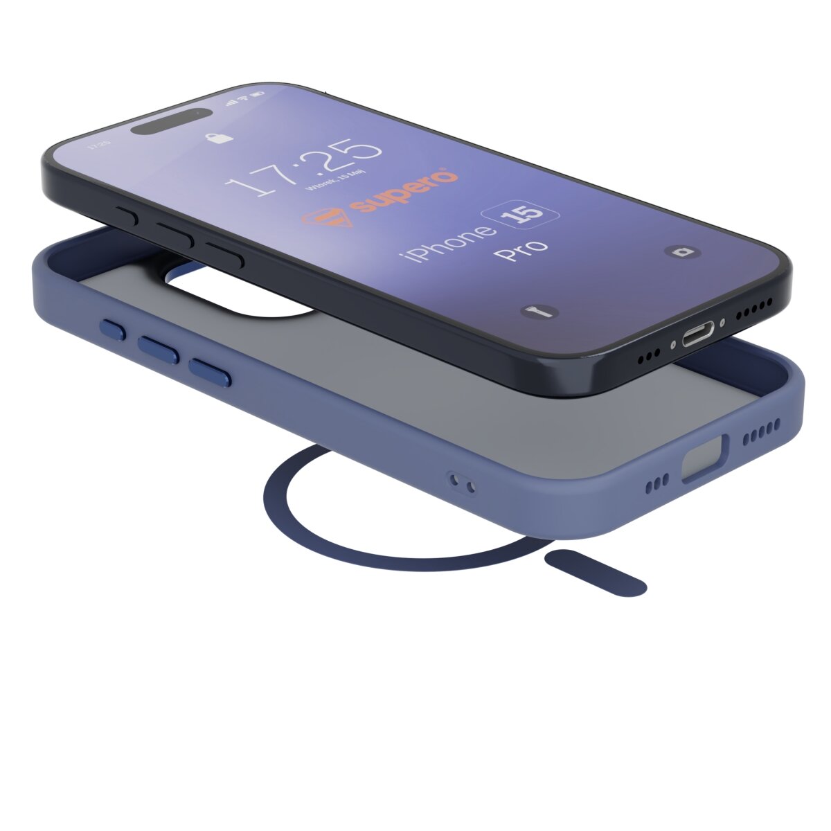 Obraz przedstawia etui do telefonu w kolorze niebieskim, z wycięciami na przyciski i porty. Na ekranie telefonu widoczny jest tekst: \'17:25\', \'supero\', \'iPhone 15 Pro\'.