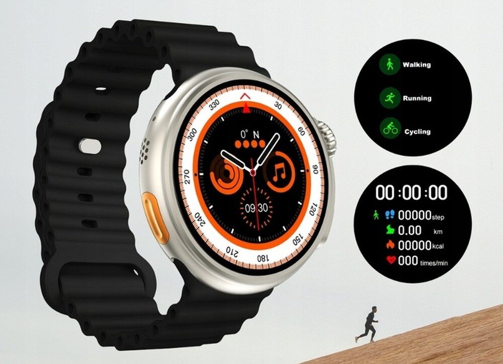 Smartwatch z czarnym paskiem i okrągłym wyświetlaczem pokazuje tarczę z pomarańczowymi i białymi elementami oraz ikonami muzyki i kompasu. Obok widoczne są ikony aktywności: Walking, Running, Cycling oraz ekran z danymi: 00:00:00, 00000 step, 0.00 km, 0000 kcal, 000 times/min.
