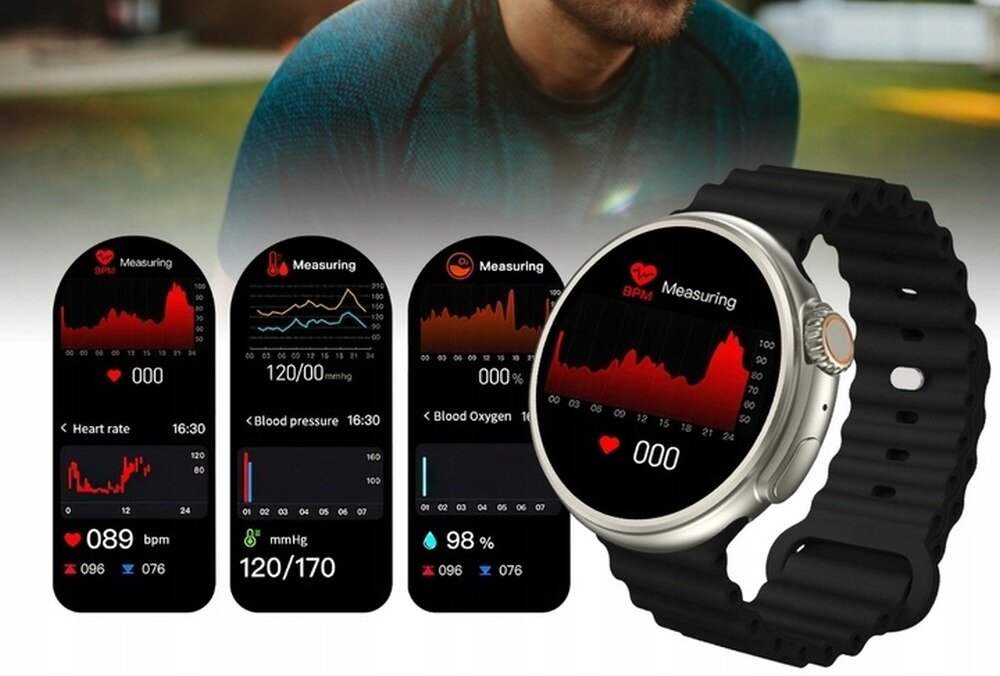 Obraz przedstawia smartwatch z czarnym paskiem, wyświetlający dane dotyczące tętna, ciśnienia krwi i poziomu tlenu we krwi. Na ekranie widoczne są wykresy i wartości: 089 bpm, 120/170 mmHg, 98%.