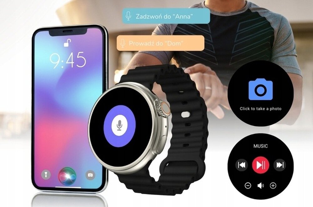 Obraz przedstawia smartwatch z czarnym paskiem i okrągłym ekranem, na którym widoczna jest ikona mikrofonu. Obok znajduje się smartfon z wyświetlaczem pokazującym godzinę 9:45 oraz dwa okrągłe panele z ikonami aparatu i odtwarzacza muzyki.