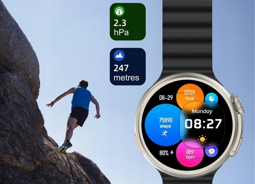 Obraz przedstawia osobę wspinającą się na skałę oraz smartwatch z kolorowym wyświetlaczem pokazującym różne dane, takie jak kroki, kalorie, tętno i czas. Obok zegarka widoczne są wartości: \'2.3 hPa\' i \'247 metres\'.