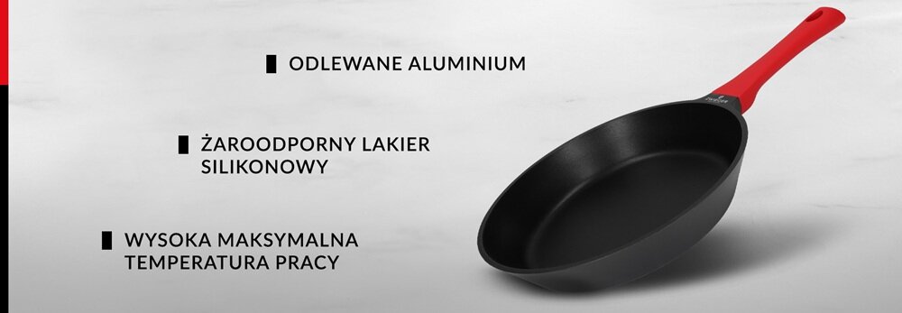 Na obrazie widoczna jest czarna patelnia z czerwonym uchwytem. Obok znajdują się napisy: \'ODLEWANE ALUMINIUM\', \'ŻAROODPORNY LAKIER SILIKONOWY\', \'WYSOKA MAKSYMALNA TEMPERATURA PRACY\'.