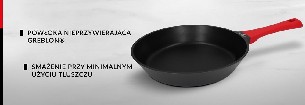 Czarna patelnia z czerwonym uchwytem, obok której znajduje się tekst: \'Powłoka nieprzywierająca Greblon®\' oraz \'Smażenie przy minimalnym użyciu tłuszczu\'.