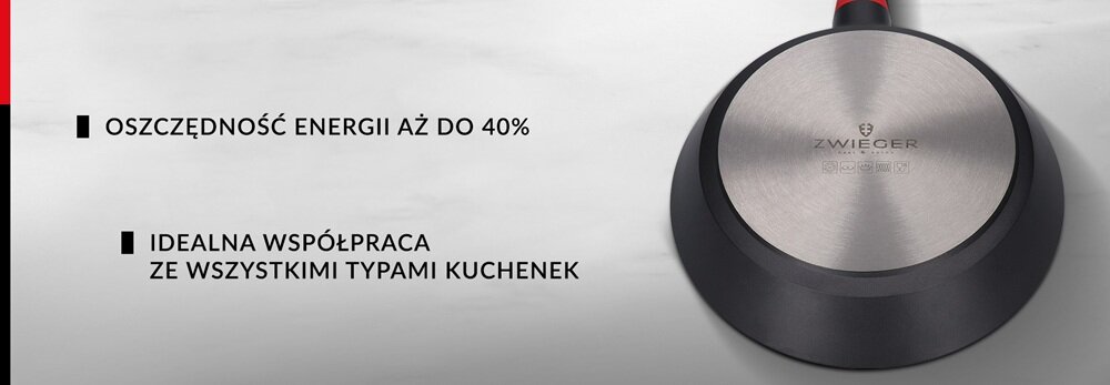 Obraz przedstawia spód patelni z logo ZWIEGER oraz tekst: \'OSZCZĘDNOŚĆ ENERGII AŻ DO 40%\' i \'IDEALNA WSPÓŁPRACA ZE WSZYSTKIMI TYPAMI KUCHENEK\'.