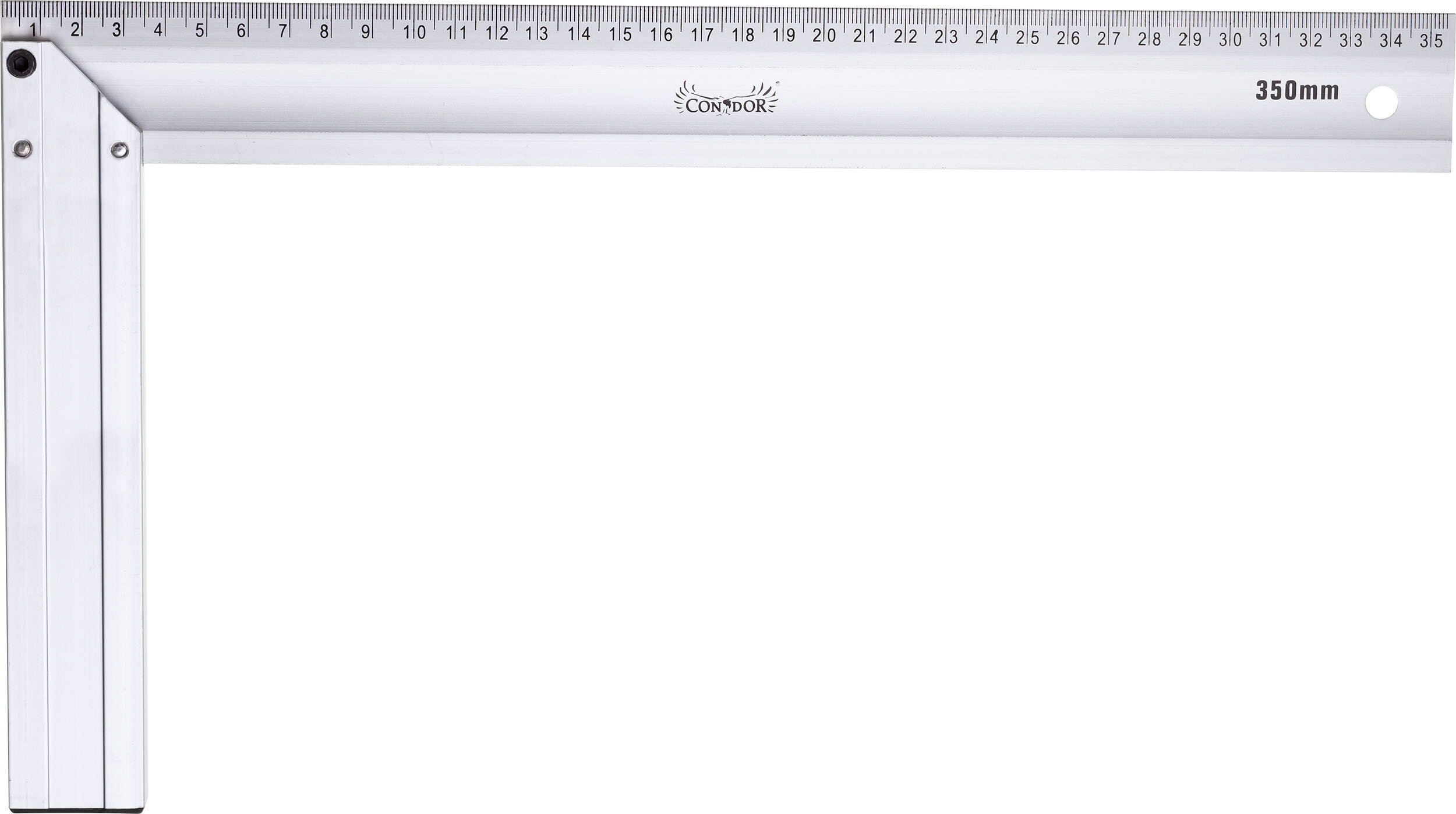 Na obrazie widoczny jest kątownik aluminiowy z podziałką centymetrową, oznaczony logo \'CONDOR\' i napisem \'350mm\'.