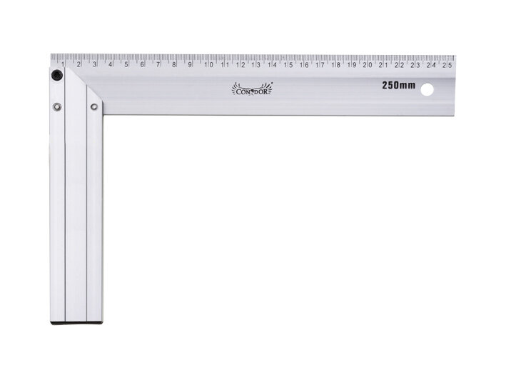 Na obrazie widoczny jest aluminiowy kątownik z podziałką centymetrową od 0 do 25. Na kątowniku znajduje się logo \'CONDOR\' oraz napis \'250 mm\'.