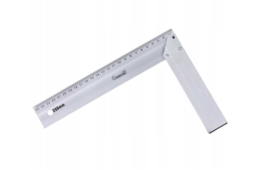 Na obrazie widoczny jest aluminiowy kątownik z podziałką milimetrową do 250 mm. Na kątowniku znajduje się logo \'CONDOR\'.