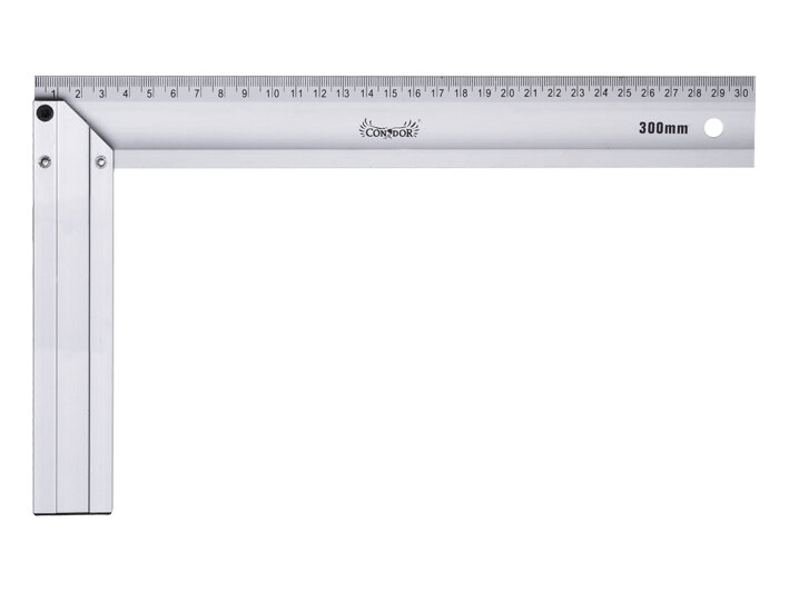 Na obrazie widoczny jest kątownik aluminiowy z podziałką centymetrową do 30 cm. Na kątowniku znajduje się logo \'CONDOR\' oraz oznaczenie \'300mm\'.