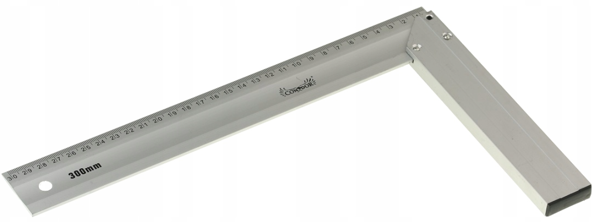 Na obrazie widoczny jest aluminiowy kątownik z podziałką milimetrową, oznaczony napisem \'300mm\'. Na kątowniku znajduje się logo \'Condor\'.