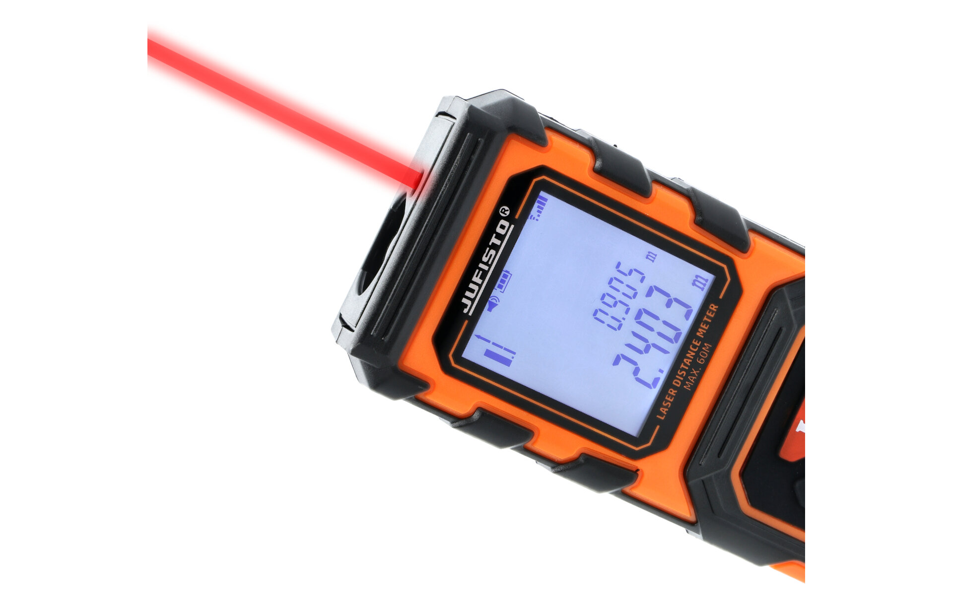 Na obrazie widoczny jest dalmierz laserowy z wyświetlaczem pokazującym wartości 0.905 m i 24.03 m. Urządzenie ma czarno-pomarańczową obudowę i emituje czerwony promień lasera.