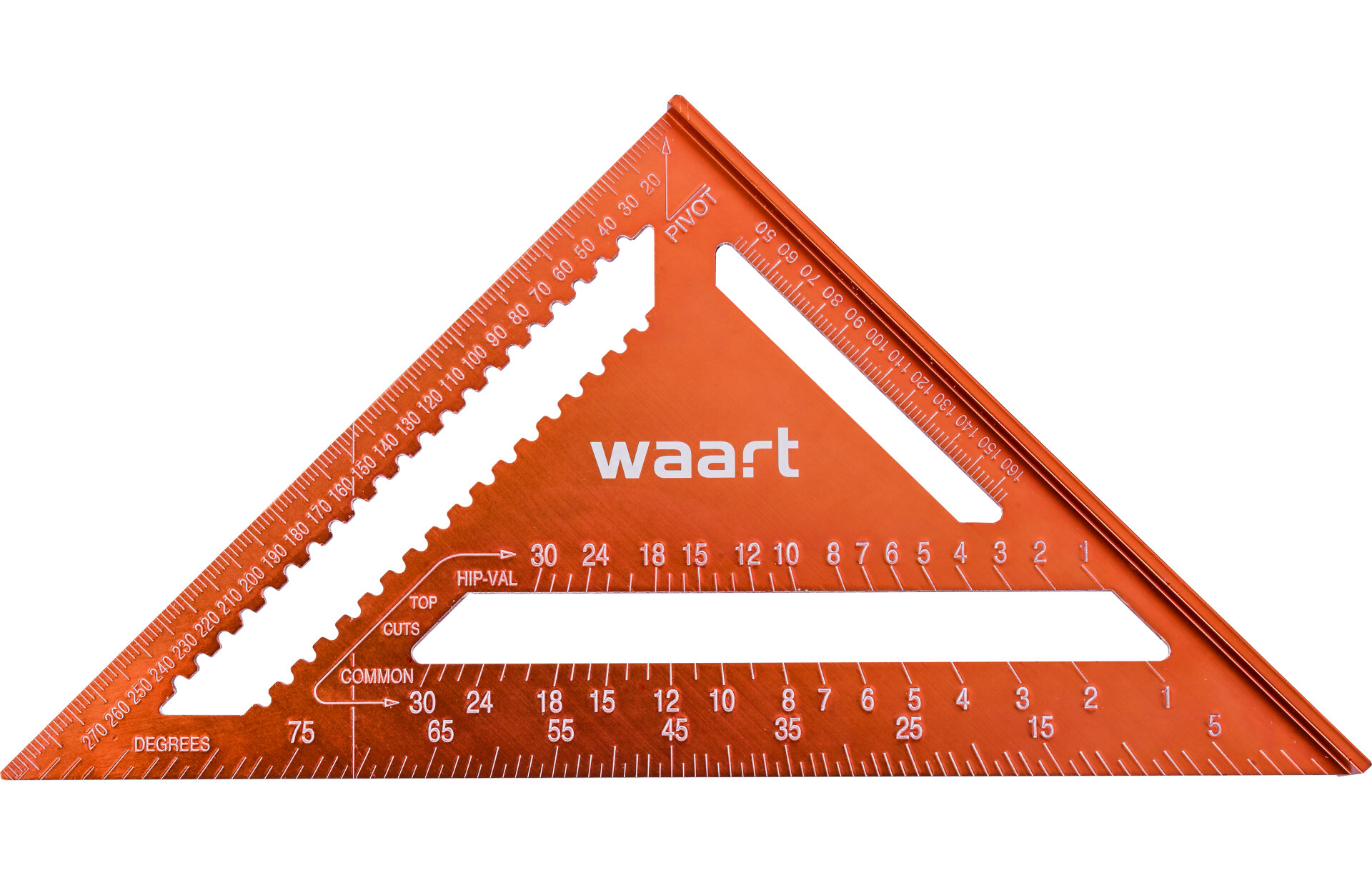 Na obrazie widoczny jest pomarańczowy kątownik stolarski z oznaczeniami kątów 45° i 90°, z logo \'waart\' na środku. Kątownik posiada miarki w centymetrach i calach oraz napisy takie jak \'PIVOT\', \'HIP-VAL\', \'TOP CUTS\', \'COMMON\'.