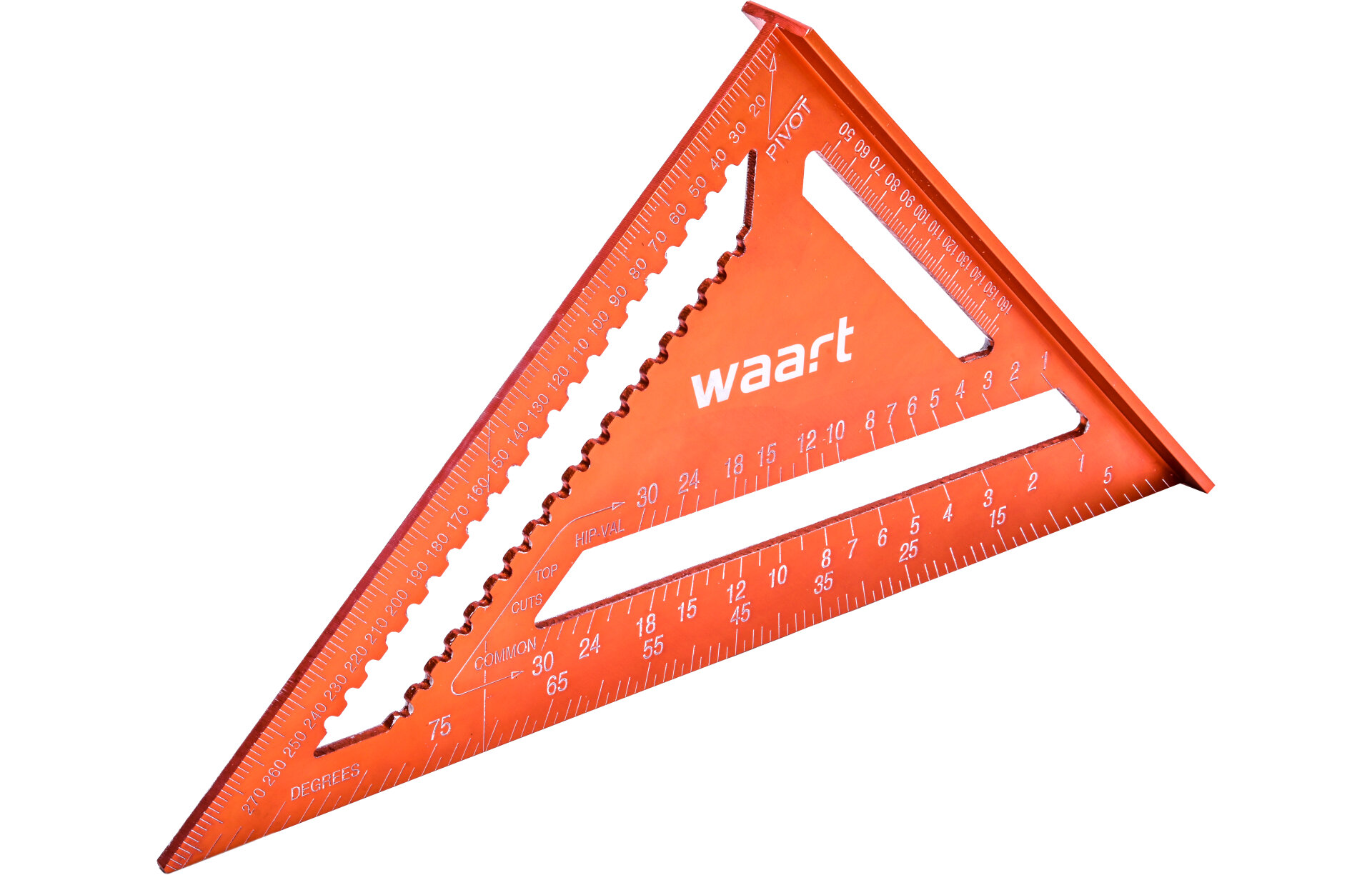 Na obrazie widoczny jest pomarańczowy kątownik stolarski z oznaczeniami kątów 45° i 90°, z logo \'waart\'.