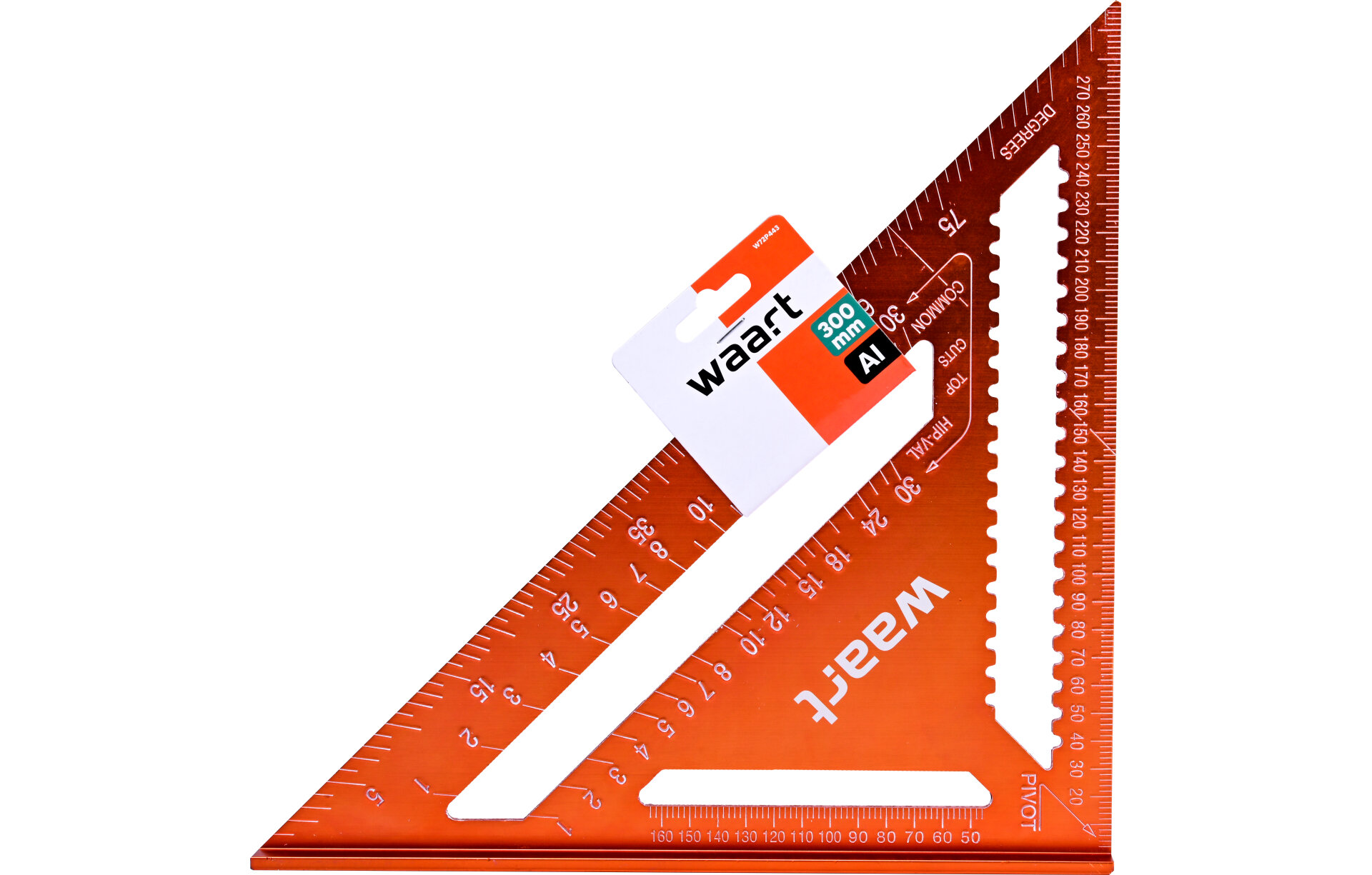 Na obrazie widoczny jest aluminiowy kątownik stolarski w kolorze pomarańczowym z oznaczeniami kątów 45° i 90°. Na kątowniku znajduje się logo \'waart\' oraz napis \'300 mm Al\'.