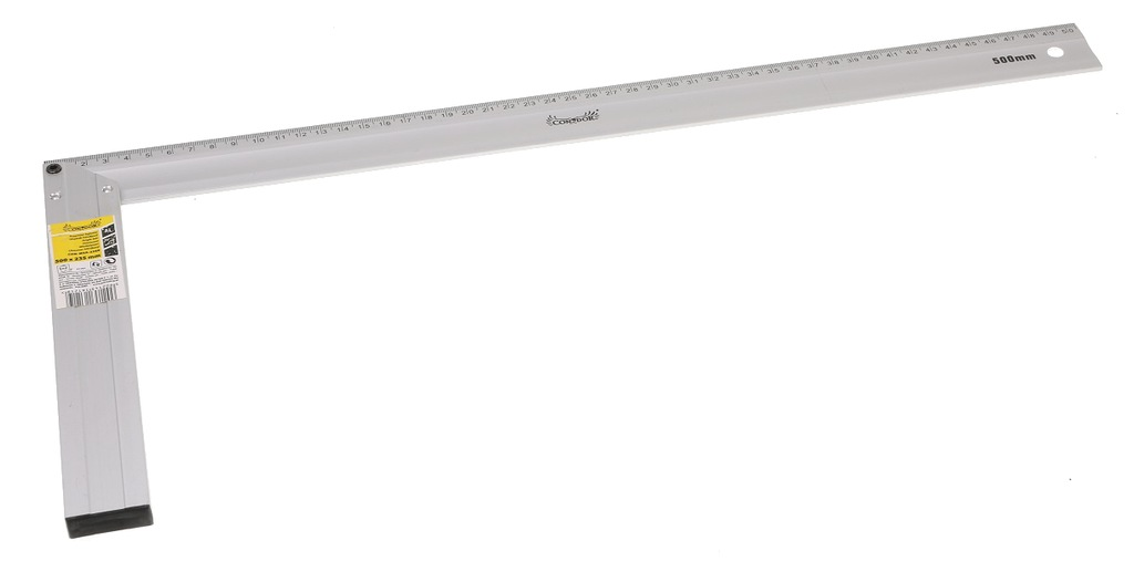 Na obrazie widoczny jest duży kątownik aluminiowy z podziałką milimetrową, oznaczony napisem \'500 mm\'.