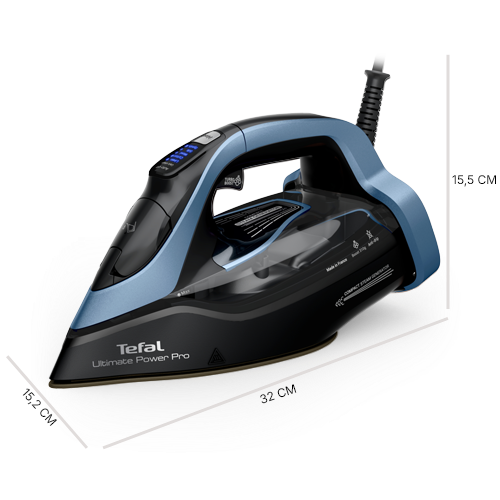 Czarne żelazko z niebieskimi elementami, z wbudowanym generatorem pary, oznaczone jako Tefal Ultimate Power Pro. Widoczne wymiary to 32 cm długości i 15 cm wysokości.