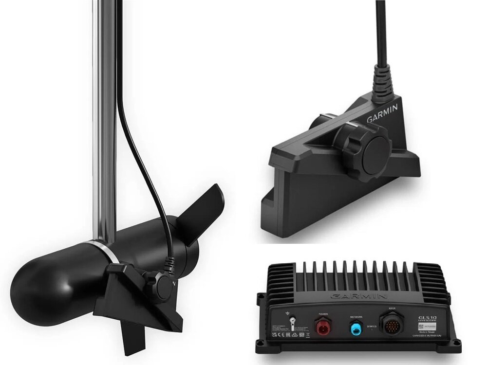 Na obrazie widoczne są trzy elementy urządzenia elektronicznego: przetwornik z kablem, moduł z napisem \'GARMIN\' oraz jednostka centralna z różnymi złączami i napisem \'GLS 10\'.