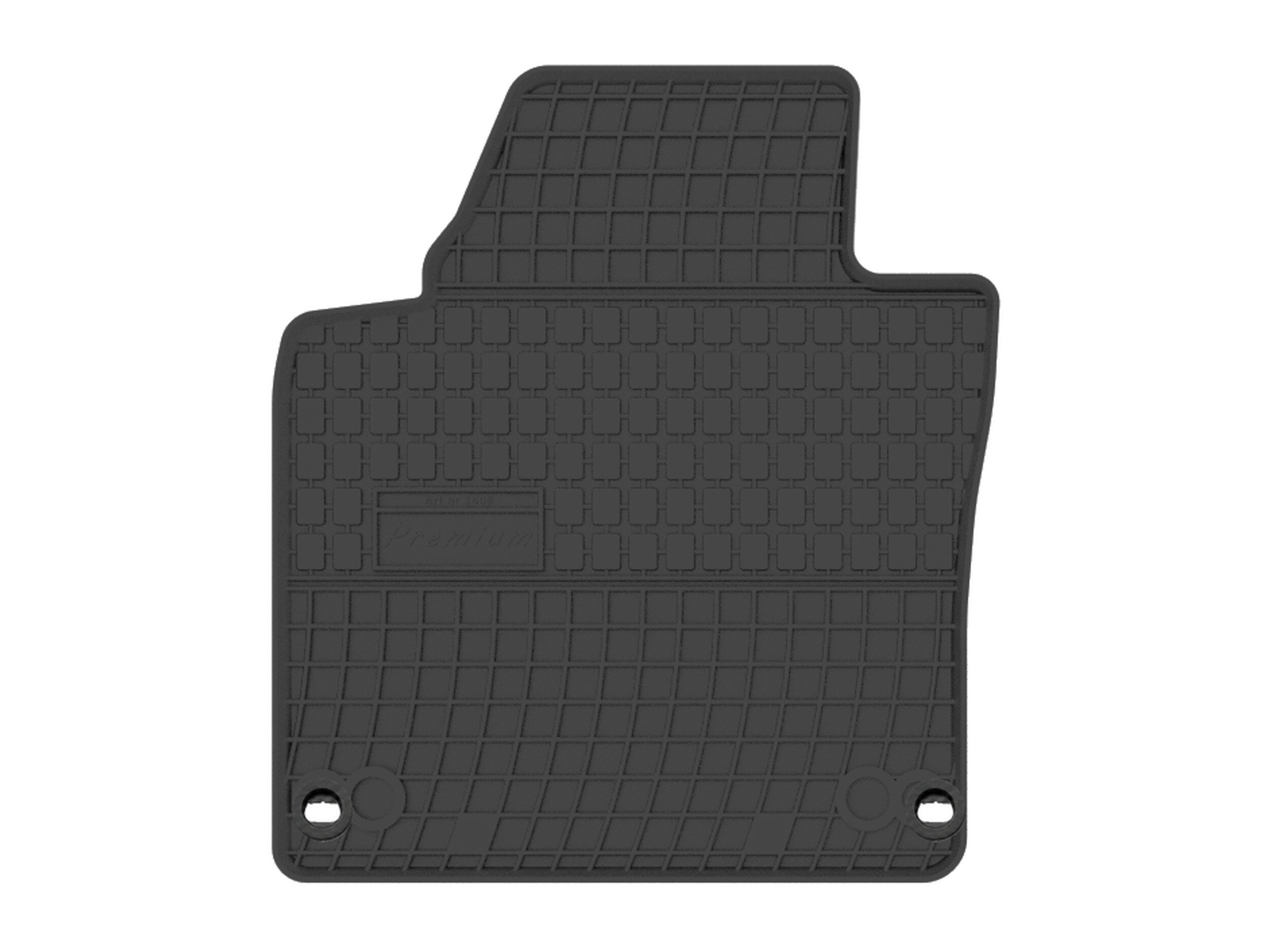 Czarny gumowy dywanik samochodowy z teksturą kratki i dwoma otworami montażowymi. Na powierzchni widoczny jest prostokątny element z napisem \'Carmats\'.