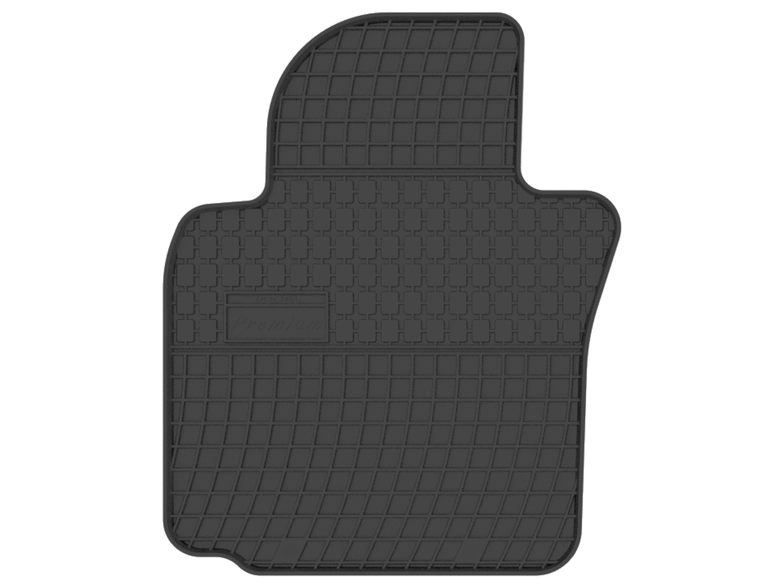 Czarny gumowy dywanik samochodowy z wzorem kratki i prostokątnym obszarem na środku. Produkt przeznaczony do samochodu Seat Leon II 2005-2012 hatchback.