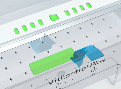 Zdjęcie przedstawia wnętrze lodówki z szufladą oznaczoną napisem \'VitControl Plus\'. Widoczne są zielone elementy oraz strzałki wskazujące przepływ powietrza, a także napis \'FreshPad\'.