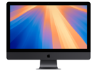 Monitor komputerowy z czarną ramką, wyświetlający kolorowy gradient w odcieniach pomarańczowego i niebieskiego. Na dolnej ramce widoczne jest logo w kształcie nadgryzionego jabłka.