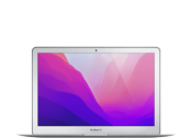 Laptop z ekranem wyświetlającym kolorowy gradient, obudowa w kolorze srebrnym. Na dolnej ramce ekranu widoczny napis \'MacBook\'.