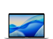 Laptop z wyświetlaczem pokazującym abstrakcyjną grafikę w odcieniach niebieskiego i żółtego. Obudowa jest smukła i metaliczna.