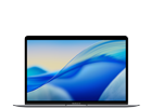 Laptop z otwartym ekranem, na którym widoczna jest abstrakcyjna, niebiesko-żółta tapeta. Obudowa jest srebrna, a na dolnej części ekranu znajduje się logo producenta: APPLE.