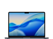 Laptop z wyświetlaczem pokazującym abstrakcyjną grafikę w odcieniach niebieskiego i żółtego. Na obudowie widoczne jest logo producenta w formie nadgryzionego jabłka.
