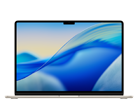 Laptop z wyświetlaczem o cienkich ramkach, na ekranie widoczna abstrakcyjna grafika w odcieniach niebieskiego i żółtego. Na obudowie znajduje się logo producenta: APPLE.