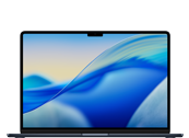 Laptop z wyświetlaczem pokazującym abstrakcyjną grafikę w odcieniach niebieskiego i żółtego. Na obudowie widoczne jest logo producenta: APPLE.