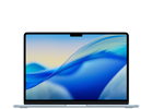 Laptop z wyświetlaczem Retina, na ekranie widoczna abstrakcyjna grafika w odcieniach niebieskiego i żółtego. Obudowa jest smukła, a na górnej krawędzi ekranu znajduje się niewielkie wcięcie.