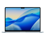 Laptop z wyświetlaczem pokazującym abstrakcyjną grafikę w odcieniach niebieskiego i żółtego. Obudowa jest srebrna, a na górnej krawędzi ekranu widoczny jest czarny pasek z kamerą.