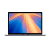 Laptop z wyświetlaczem pokazującym kolorowy gradient od pomarańczowego do niebieskiego. Obudowa jest w kolorze srebrnym, a na ekranie nie ma widocznego tekstu.