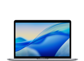 Laptop z wyświetlaczem pokazującym abstrakcyjną grafikę w odcieniach niebieskiego i żółtego. Obudowa jest w kolorze srebrnym.