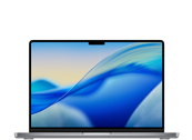 Laptop z wyświetlaczem pokazującym abstrakcyjną grafikę w odcieniach niebieskiego i żółtego. Obudowa jest w kolorze srebrnym, a na ekranie widoczny jest wąski pasek na górze.