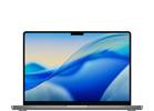 Laptop z wyświetlaczem Retina, na ekranie widoczna abstrakcyjna grafika w odcieniach niebieskiego i żółtego. Obudowa jest w kolorze srebrnym.